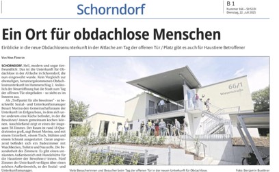 Die Stadt Schorndorf eröffnete Ende Juli die neue Unterkunft. Hier wurden neben 30 Einzelzimmern auch 5 Räume für Personen mit Hund geschaffen.